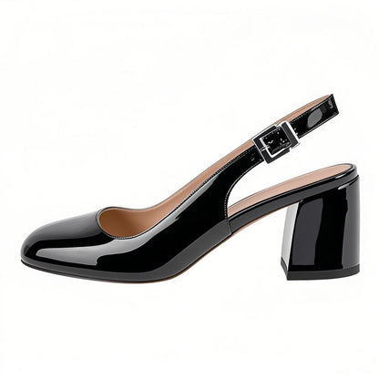 Round Toe Chunky Natural Heels Slingback Pumps