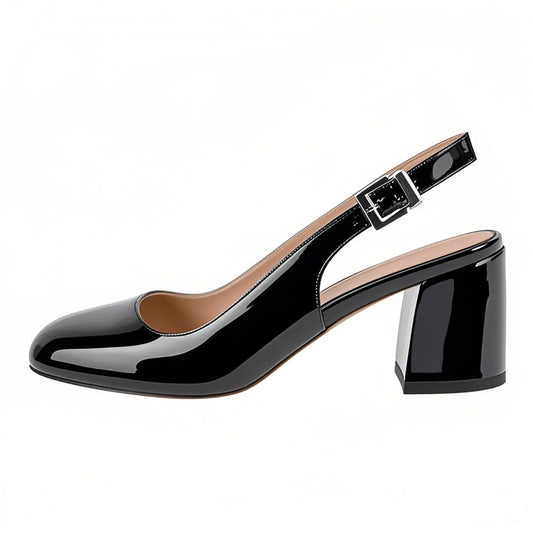 Round Toe Chunky Natural Heels Slingback Pumps