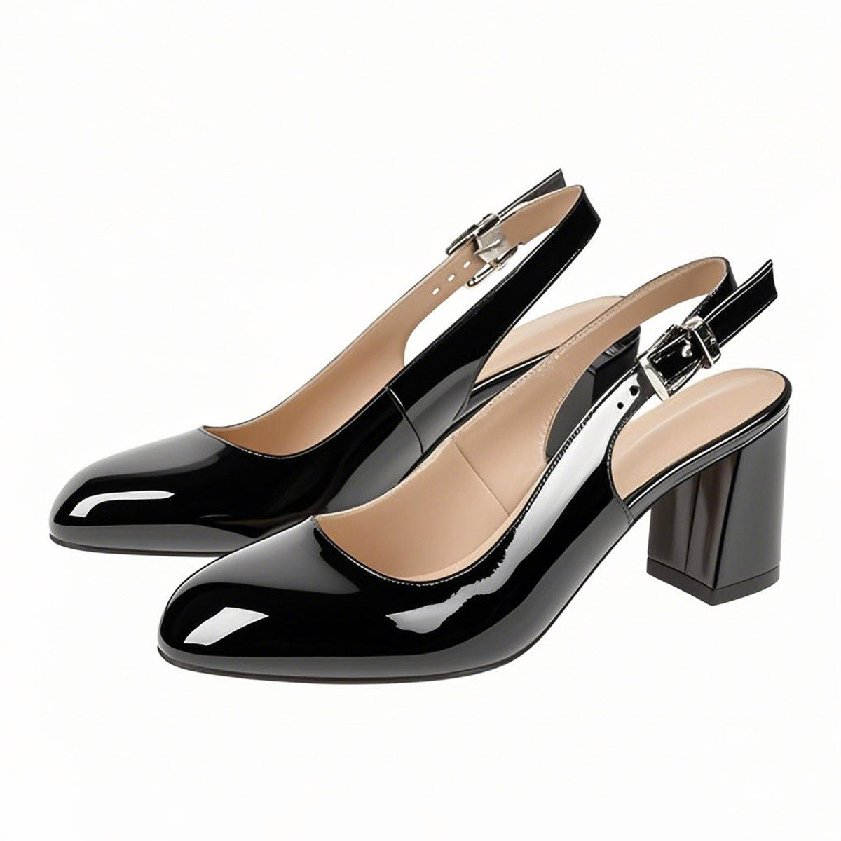 Round Toe Chunky Natural Heels Slingback Pumps