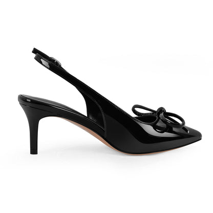 Bow Pointed Toe Patent Leather Slingback Pumps