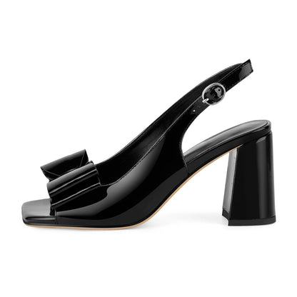 Open Toe Bow Slingback Chunky Heel Pumps