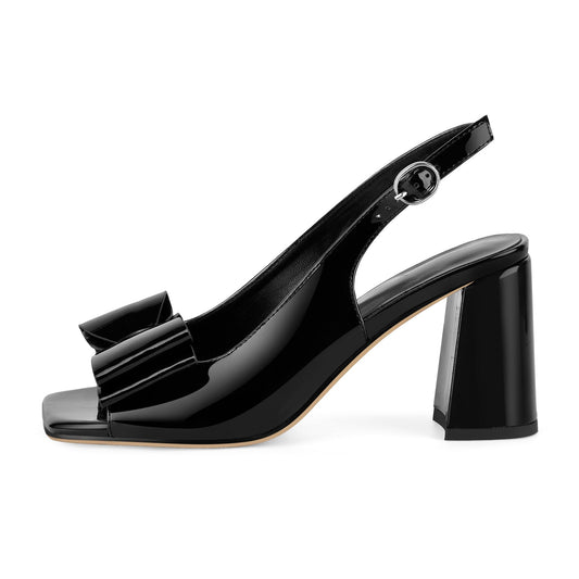 Open Toe Bow Slingback Chunky Heel Pumps
