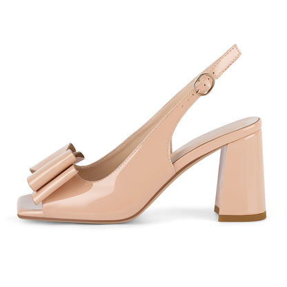 Open Toe Bow Slingback Chunky Heel Pumps