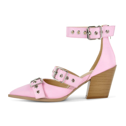 Pointed Toe Buckles Ankle Strap Chunky Heels