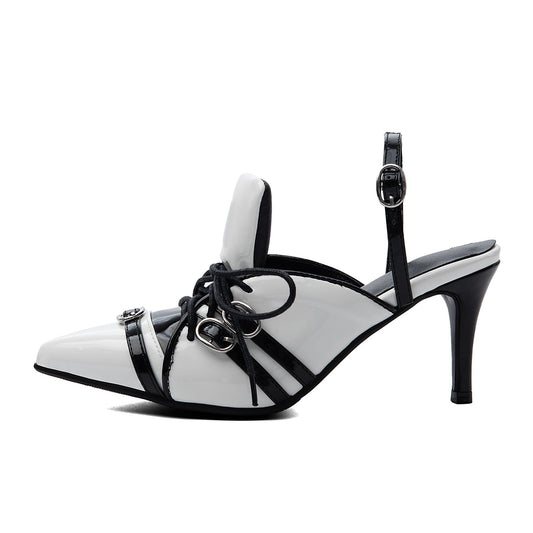 Pointed Toe Buckle Lace-up Sporty Slingback Pumps