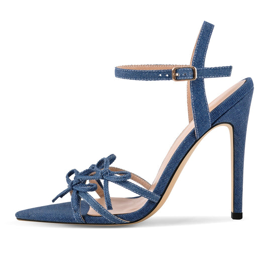 Denim Pointed Toe Bow Buckle Strap Sandals