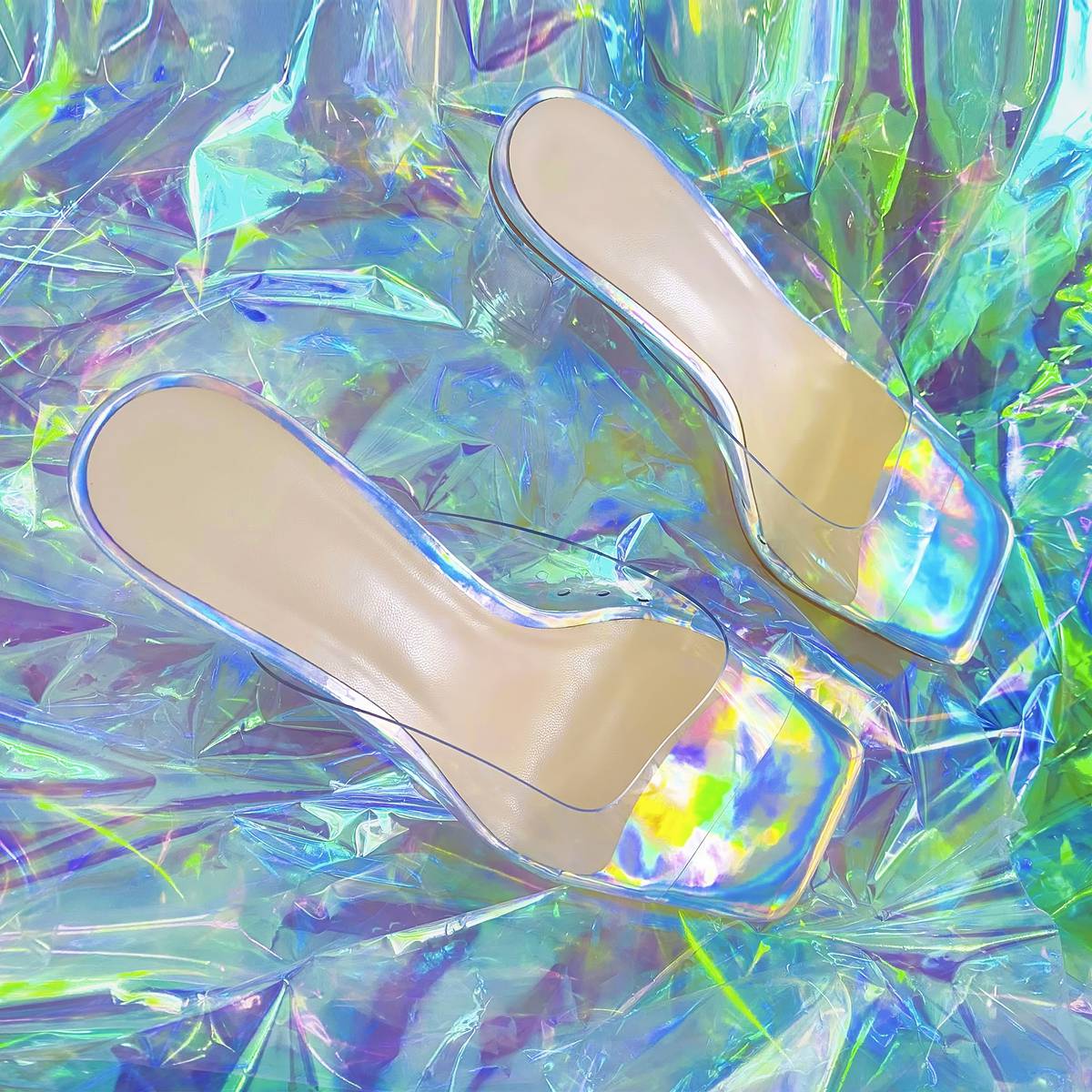 Holographic Transparent Chunky Heel Square Toe Sandals Mules