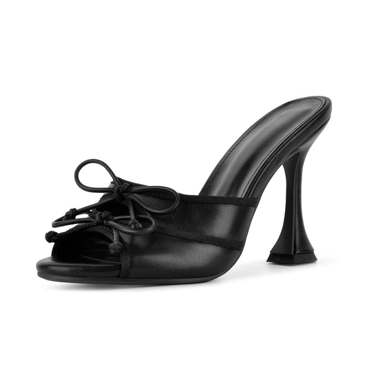 Round Toe Double Bow Tapered Heel Mules
