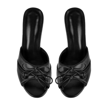 Round Toe Double Bow Tapered Heel Mules