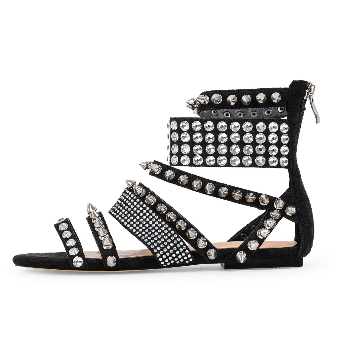 Rivet Rhinestone Suede Back Zipper Flats