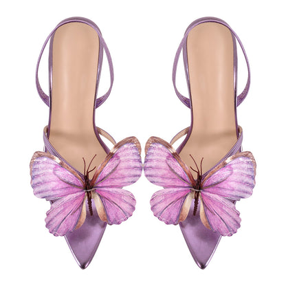 Butterfly Pointed Toe Clear Heel Slingback Sandals