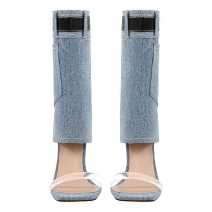 Denim Square Toe Stiletto Ankle Sandals