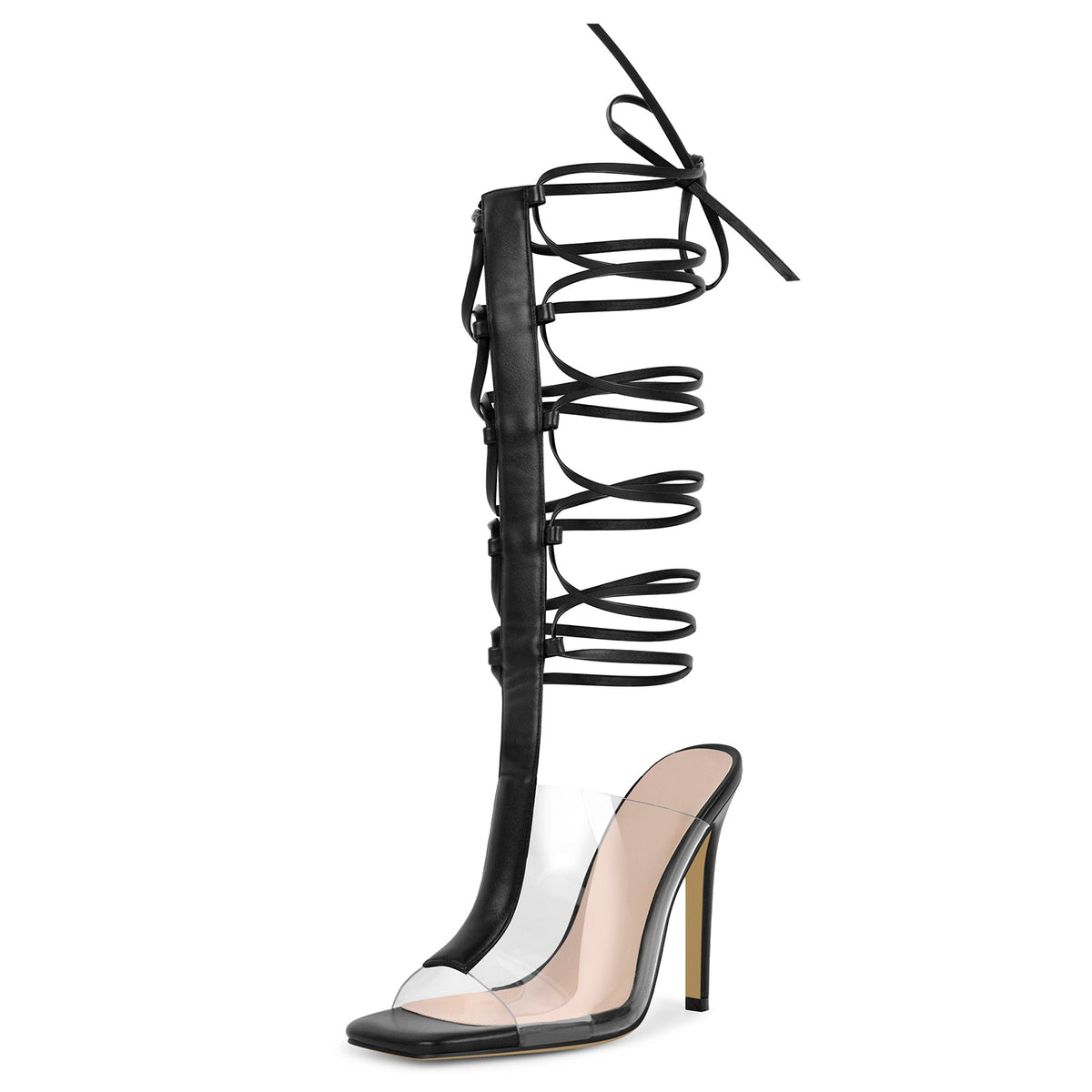 Square Toe Clear Strappy Lace-up Sandals