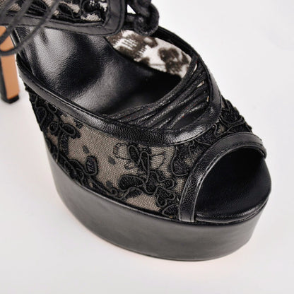 Platform Mesh Lace-up Slingback Sandals