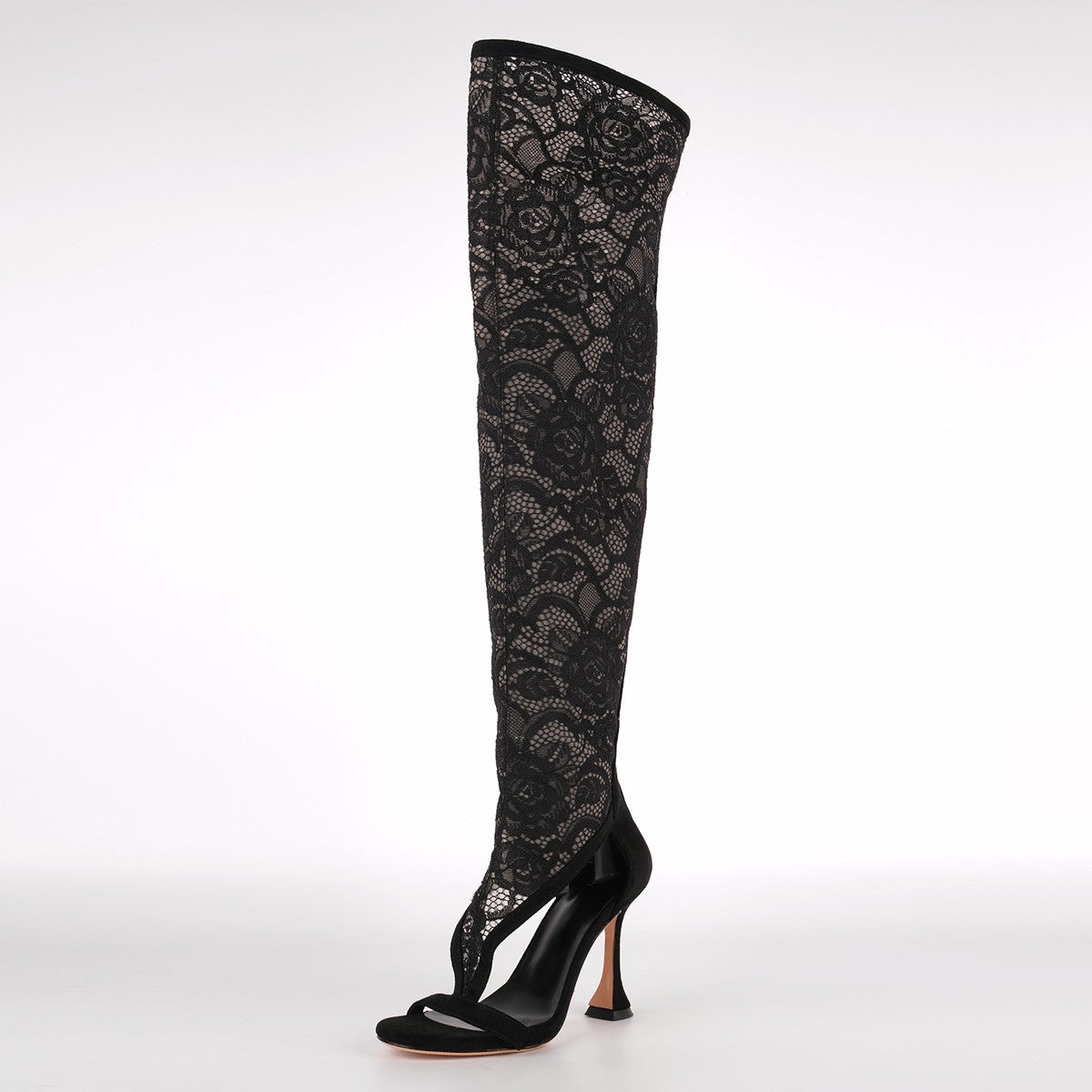 Round Toe Lace Mesh Thigh High Bootie Sandals