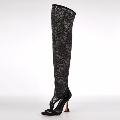 Round Toe Lace Mesh Thigh High Bootie Sandals