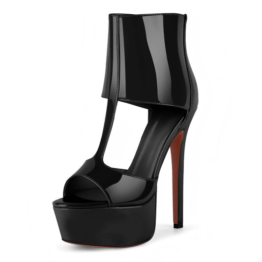 Round Toe Platform Patent Leather Bootie Sandals