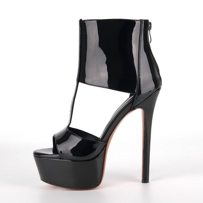 Round Toe Platform Patent Leather Bootie Sandals
