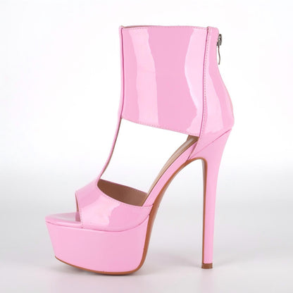 Round Toe Platform Patent Leather Bootie Sandals