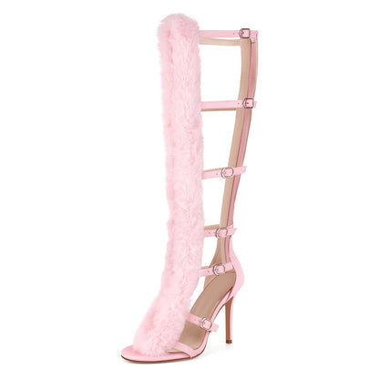 Fur Buckle Strap Hollow Boots Sandals