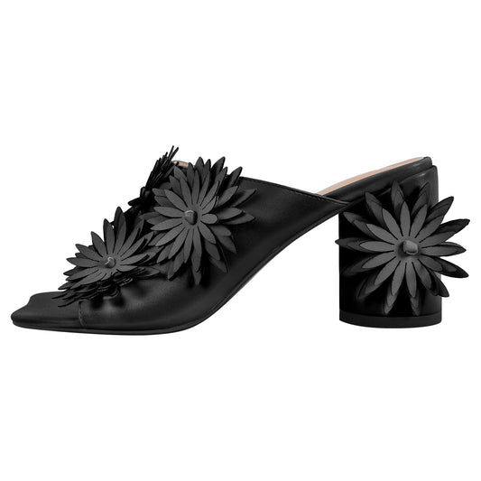 Square Toe Flower Chunky Heel Mules