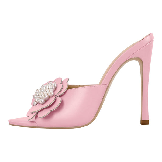 Pearl Flower Pointed Toe Stiletto Mules