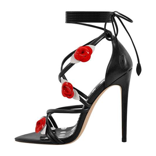 Pointed Toe Gladiator Flower Lace-up Stiletto Sandals