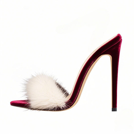 White Fur Velvet High Heel Mules