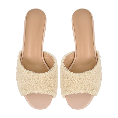 Round Toe Chunky Heel Fur Sandals Mules