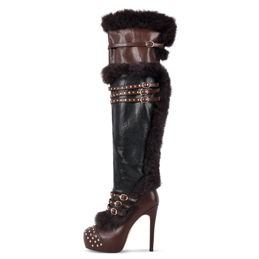 Platform Fur Rivet Buckle Thigh High Boots