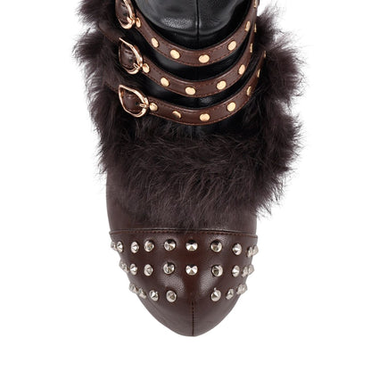 Platform Fur Rivet Buckle Thigh High Boots