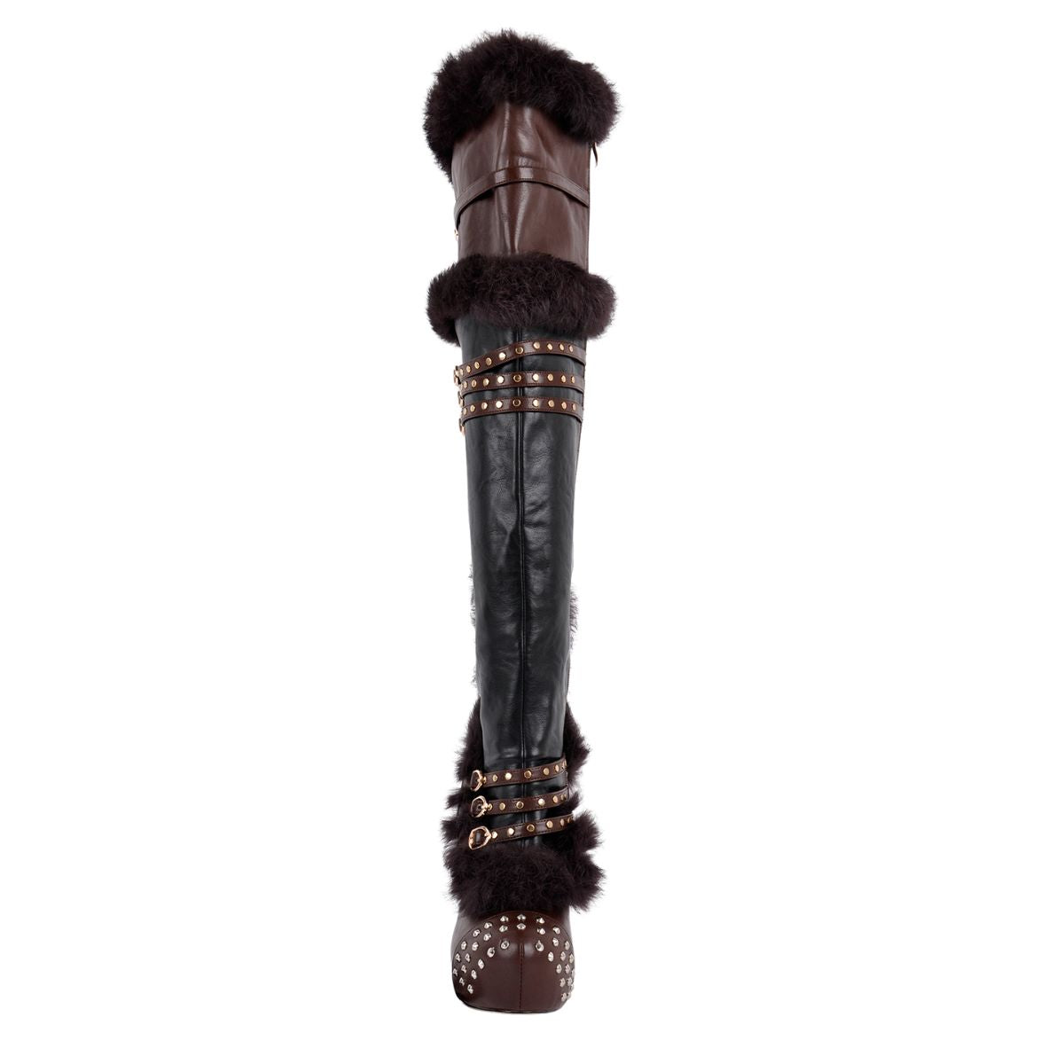 Platform Fur Rivet Buckle Thigh High Boots