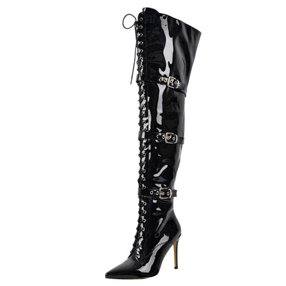 Pointed Toe Buckle Strap Lace-up Thigh High Boots