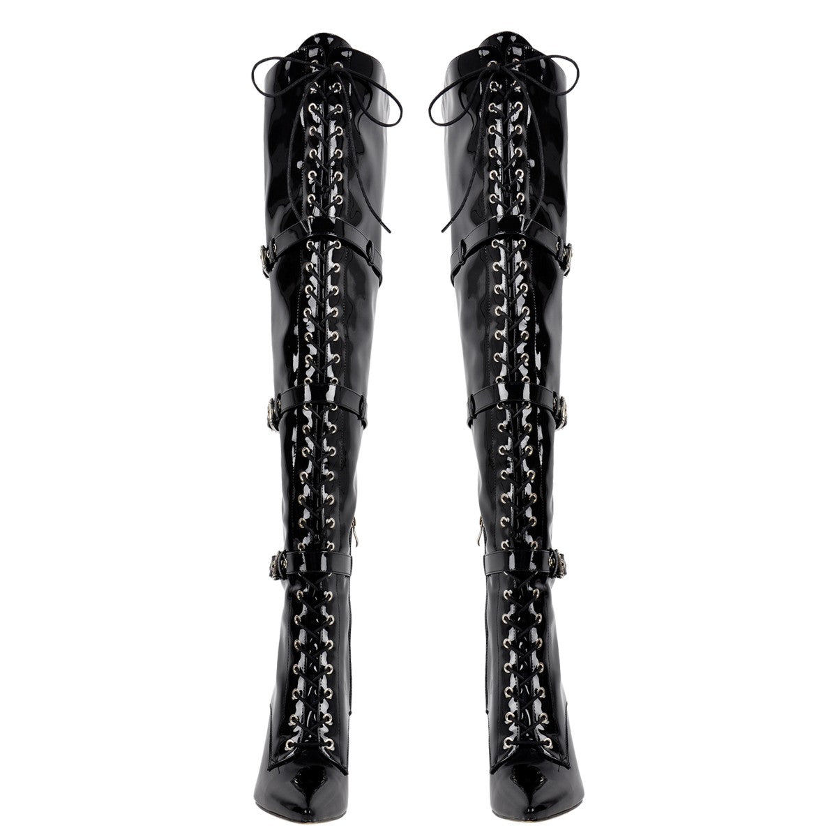 Pointed Toe Buckle Strap Lace-up Thigh High Boots