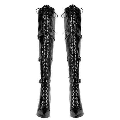 Pointed Toe Buckle Strap Lace-up Thigh High Boots