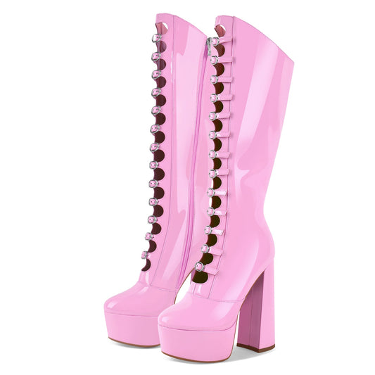 Platform Multibuckle Strap Knee High Boots