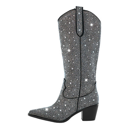 Rhinestone Pointed Toe Knee High Western Boots