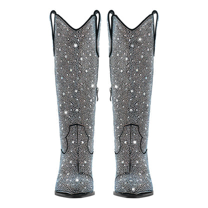 Rhinestone Pointed Toe Knee High Western Boots