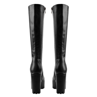 Round Toe Chunky Heel Lace up Platform Knee Boots