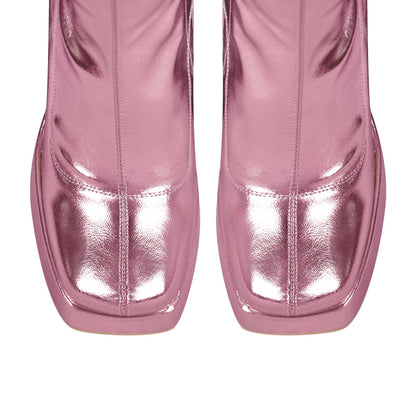 Metallic Leather Platform Chunky Heel Knee High Boots
