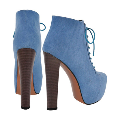 Blue Suede Platform Chunky Heel Ankle Boots