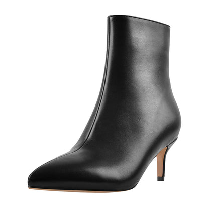 Black Pointed Toe Zipper Kitten Heel Boots
