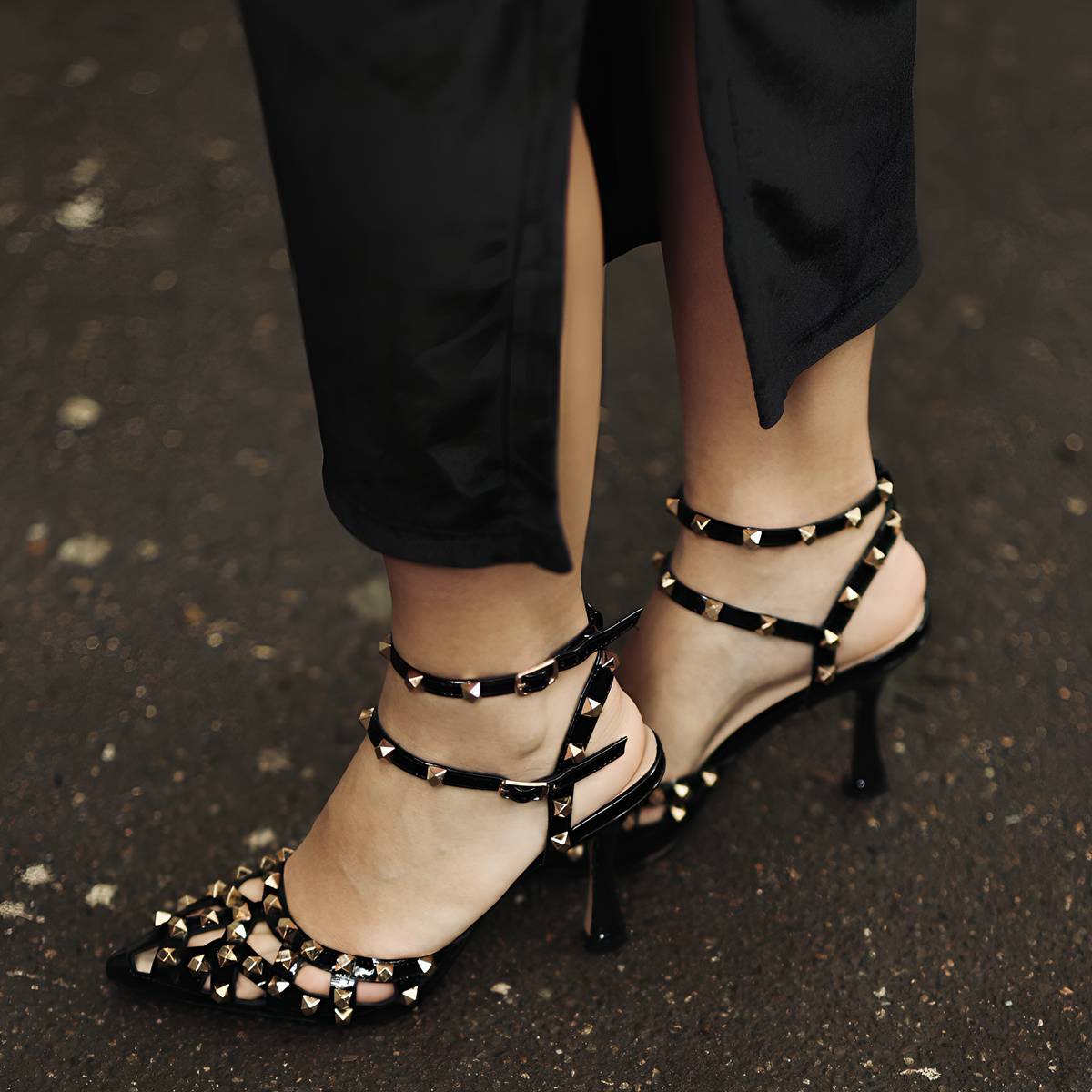 Pointed Toe Ankle Strap Rivet Pumps
