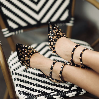 Pointed Toe Ankle Strap Rivet Pumps