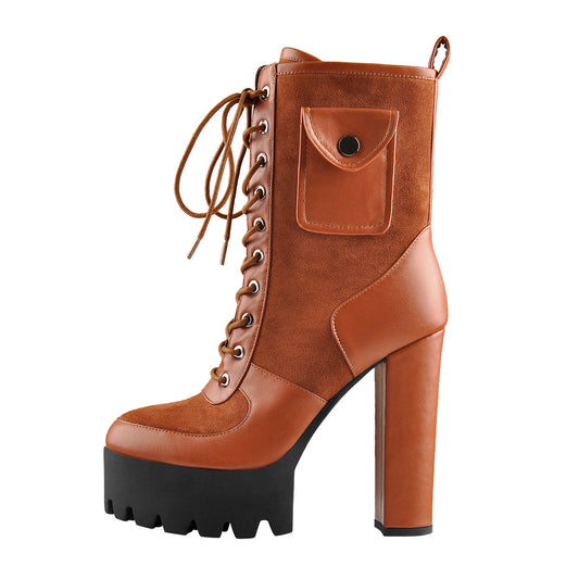 Platform Lace Up Chunky Heel Combat Pocket Fashion Ankle Boots