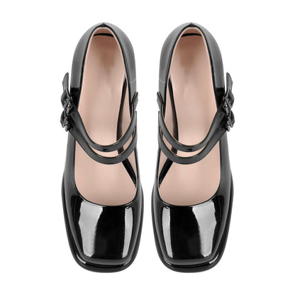 Square Toe Mary Jane Buckle Strap Chunky Heel Pumps