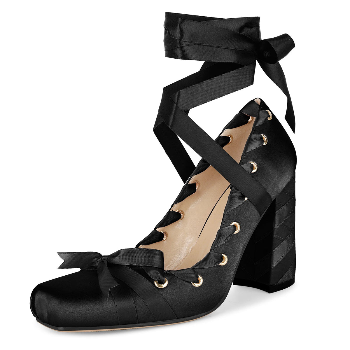Square Toe Satin Bow Ballet Lace-up Pumps