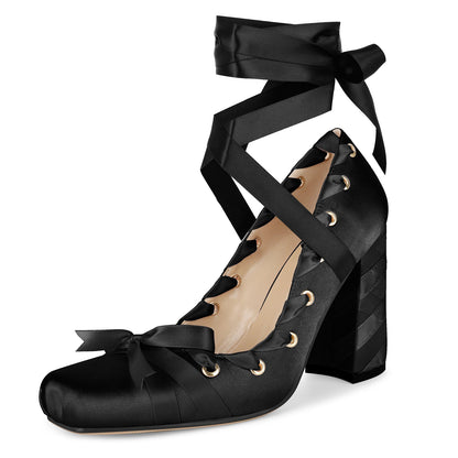 Square Toe Satin Bow Ballet Lace-up Pumps