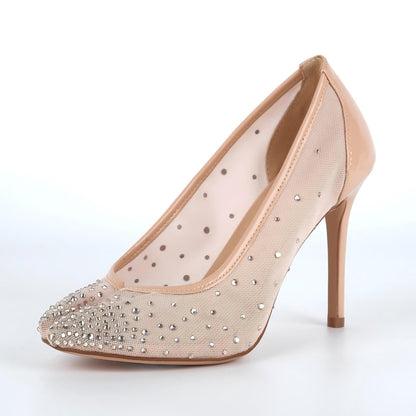 Round Toe Rhinestone Mesh Tabi Pumps
