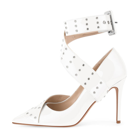 Rhinestone Studded Cross Ankle Strap Pumps